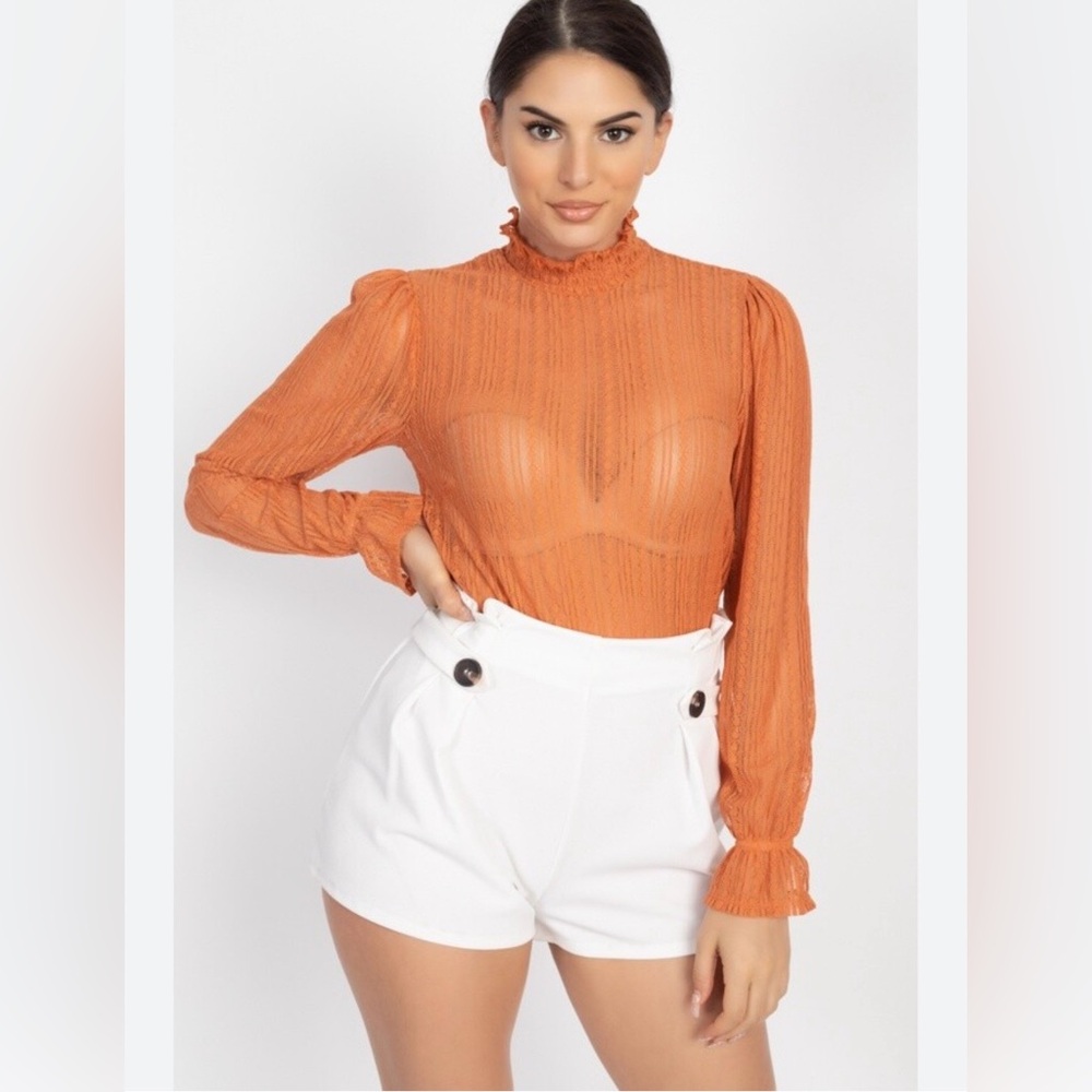 𐙚 Haute Monde Ruffle Mock Neck Lace Top Orange NWT